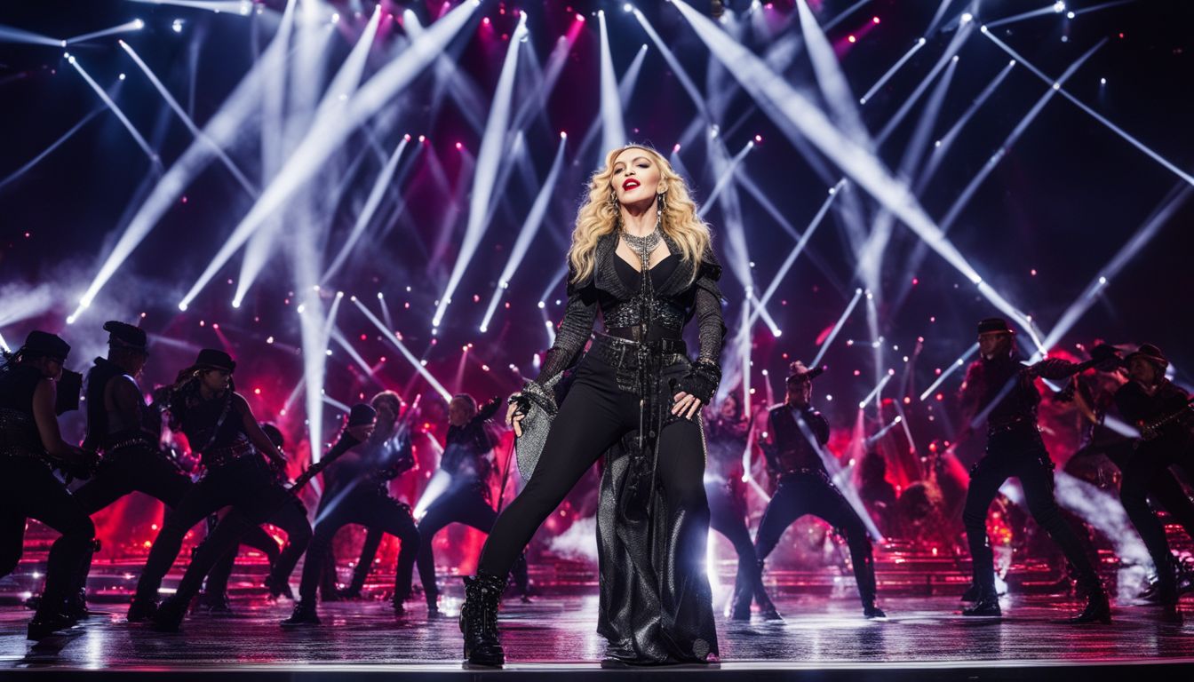 Madonna performing on a grand stage in various outfits, with a bustling atmosphere.